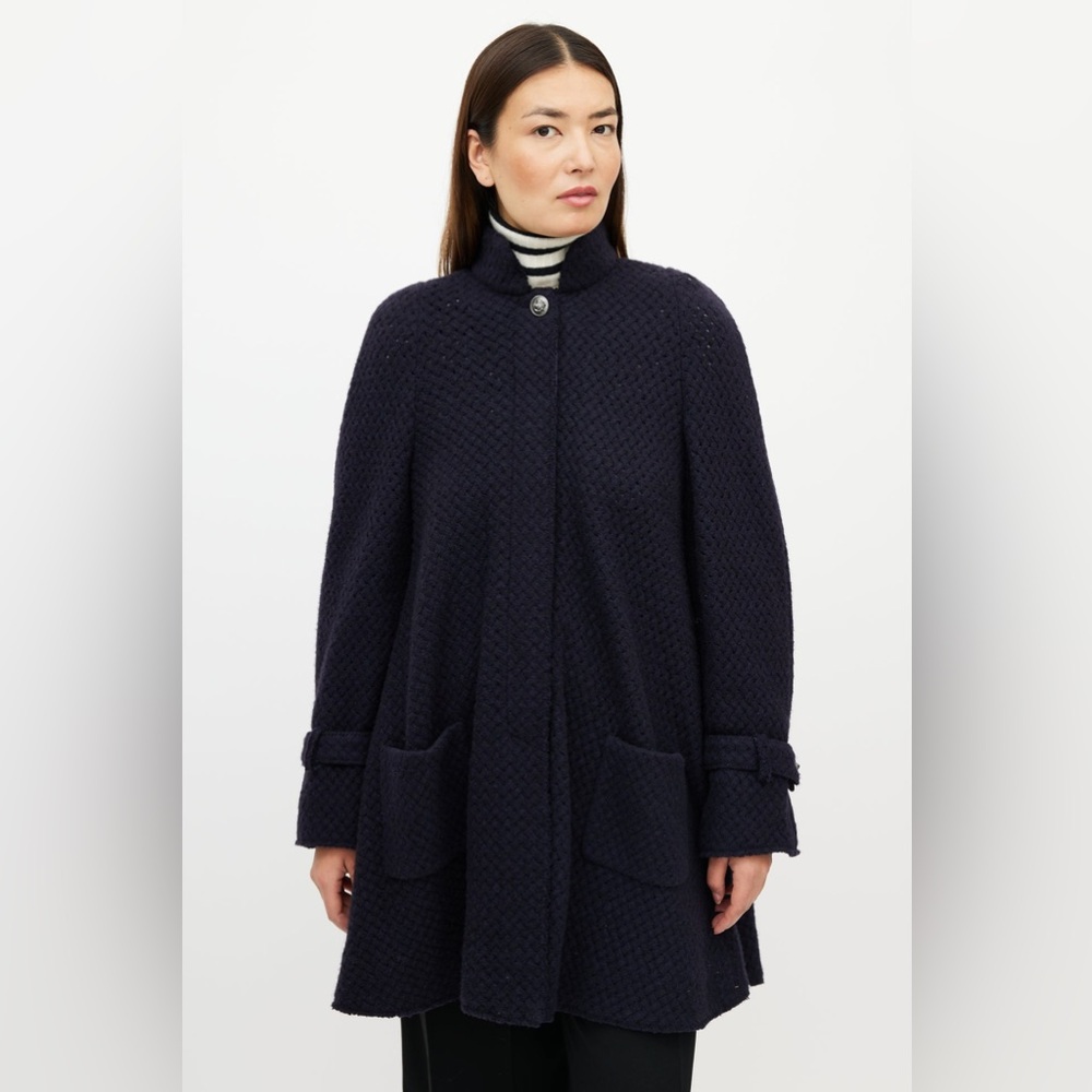 B1 CHANEL Women’s 44 Blue Coat with Turtleneck and Ribbed Cuffs